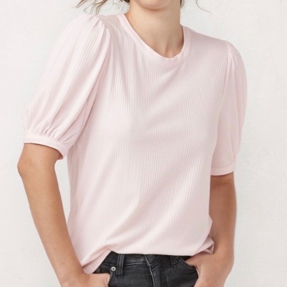 LC LAUREN CONRAD Plus Top Crew Neck Tee Spandex Ribbed Balloon Sleeves Pink  XXL - Picture 1 of 7